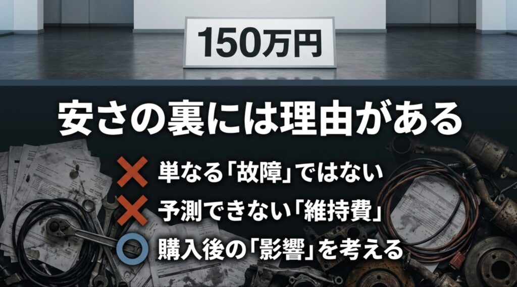 ジープチェロキーの中古価格が安く見える背景に、故障や維持費の不安があることを示すスライド