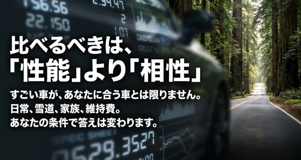 4WD選びでは性能だけでなく日常利用、雪道、家族、維持費など自分の条件との相性が大切だと説明するスライド