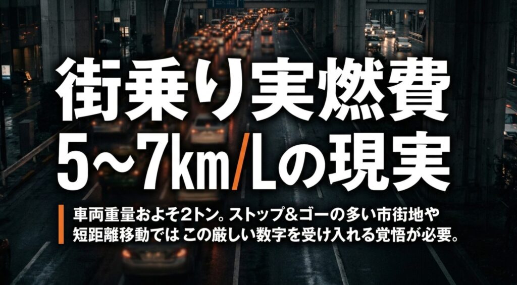 Jeepラングラーの街乗り実燃費が5〜7km/L前後になる現実を説明するスライド