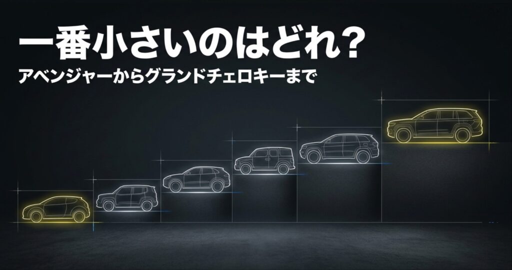 アベンジャーからグランドチェロキーまでジープ各モデルを小さい順に比較した図