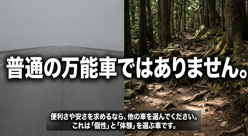ジープは便利さや安さより個性と体験を重視する車であることを説明するスライド