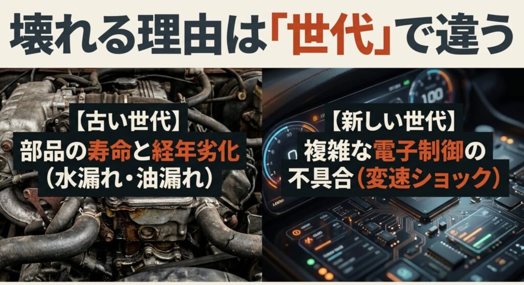 ジープチェロキーの故障理由が古い世代では経年劣化、新しい世代では電子制御の不具合に分かれることを示した図