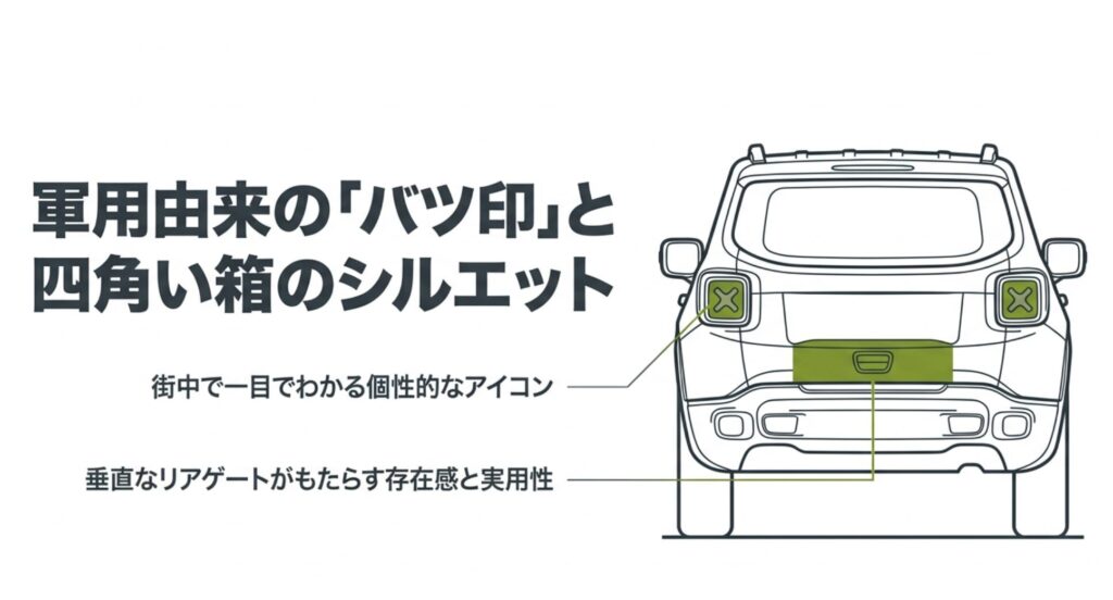ジープレネゲードのXマークテールランプと四角いリアシルエットの特徴を解説した図