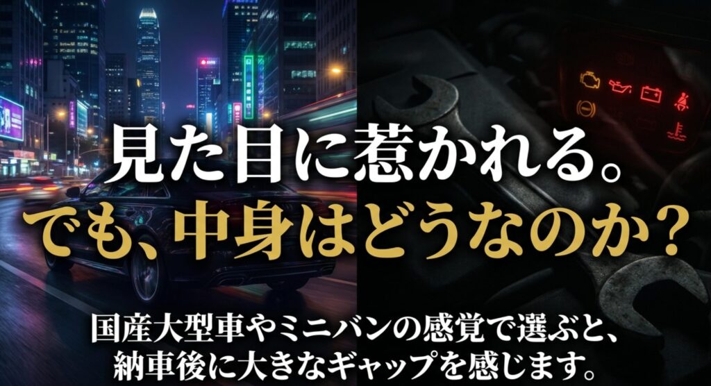 ジープコマンダーは見た目に惹かれて選ぶと納車後にギャップを感じる可能性があることを示すスライド