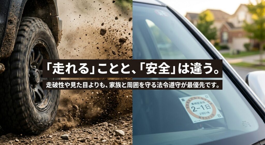泥道のタイヤと車検ステッカーを対比し、走破性より法令遵守と安全を優先する考え方を示すスライド。