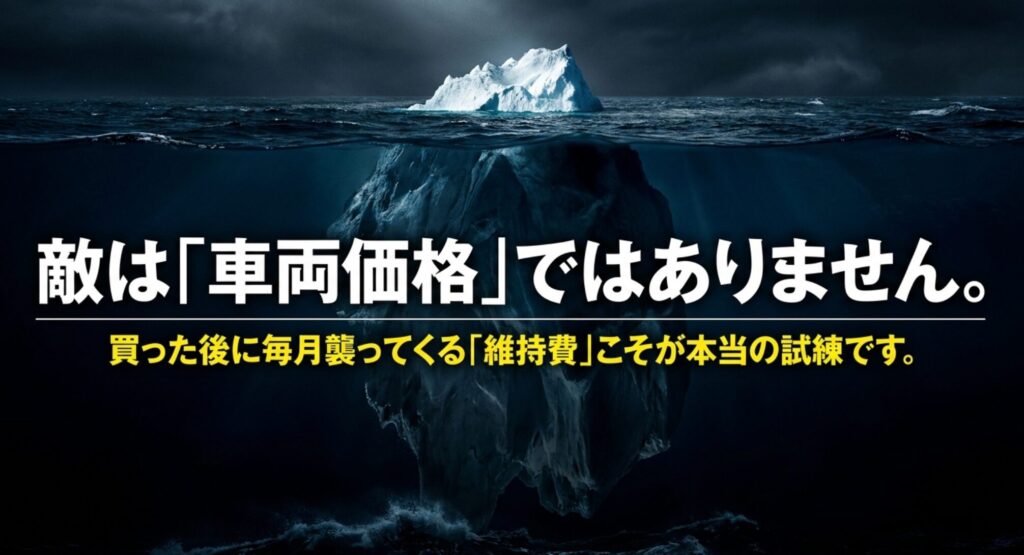 海に浮かぶ氷山を背景に、車両価格ではなく購入後の維持費が本当の試練だと示すスライド
