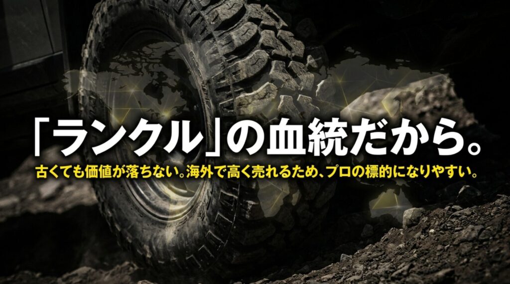 FJクルーザーがランドクルーザー系の血統により海外需要や部品価値で狙われやすいことを示すスライド