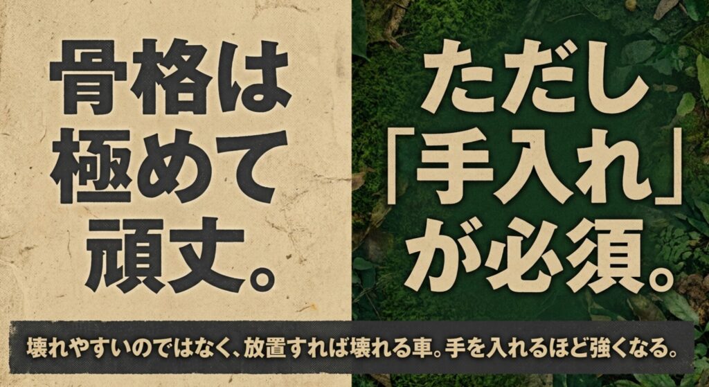 FJクルーザーは骨格が頑丈だが手入れが必要であることを説明するスライド
