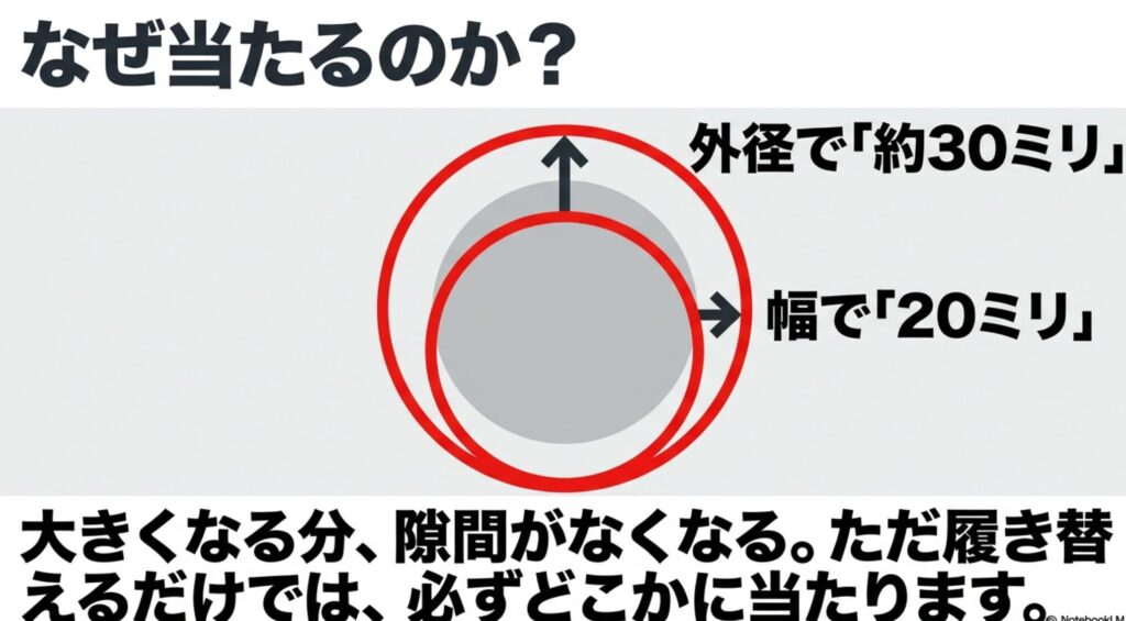 FJクルーザーの285サイズタイヤが純正比で外径約30mm、幅約20mm大きくなることを示す図