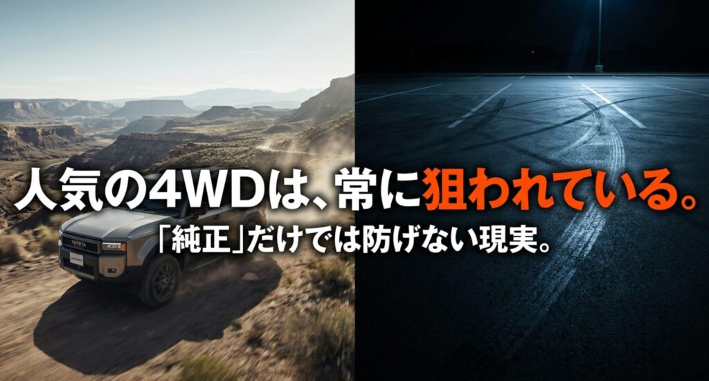 人気の4WDは常に狙われており、純正セキュリティだけでは防ぎきれない現実を示すスライド