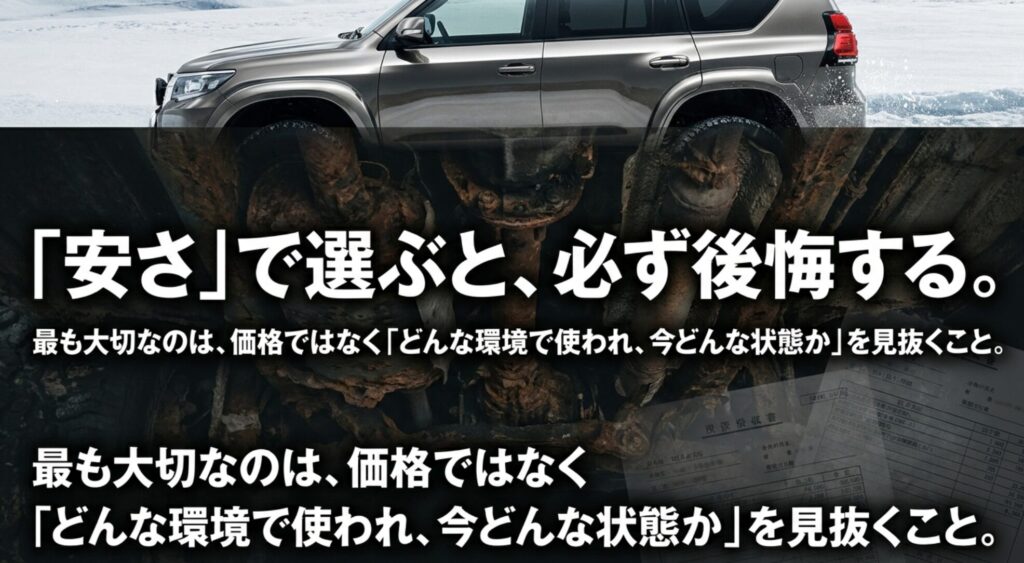 中古4WDは安さではなく、使用環境や現在の状態を見抜くことが重要だと示すスライド