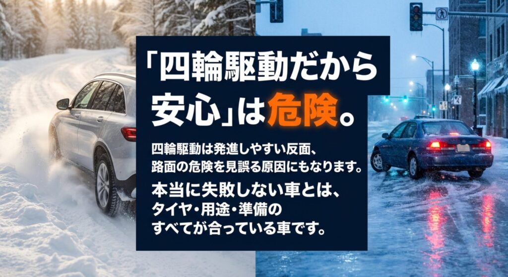 雪道では4WDでも過信は危険で、タイヤ・用途・準備が合っていることが重要だと示すスライド