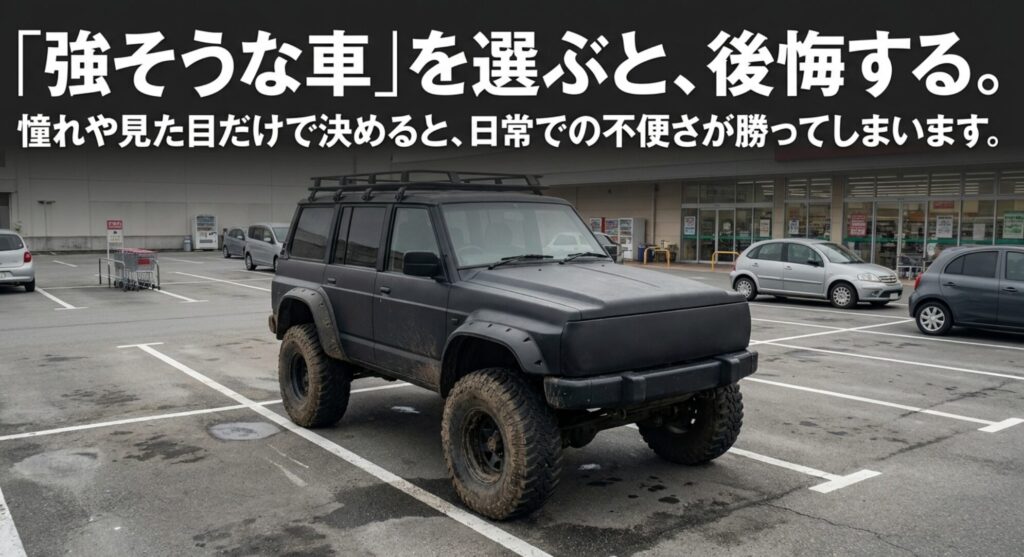 見た目や憧れだけで強そうな4WDを選ぶと、日常での扱いにくさが後悔につながることを示す画像