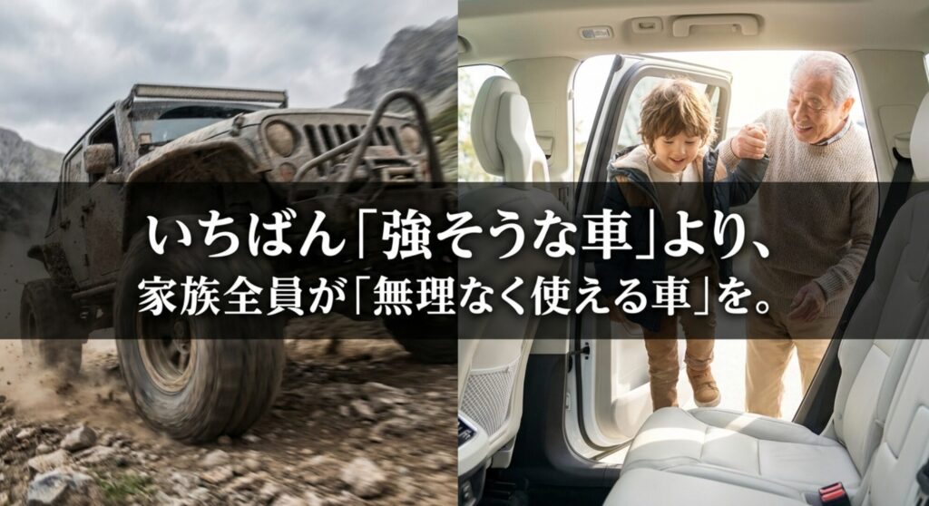 悪路に強そうな車と家族が乗り降りする車内を対比し、家族全員が無理なく使える4WDの重要性を表している。