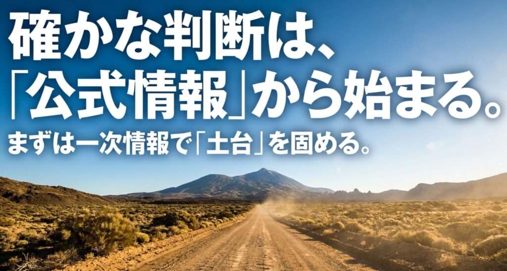砂漠の道と山を背景に、四輪駆動車選びでは一次情報を土台に判断することを示したスライド。