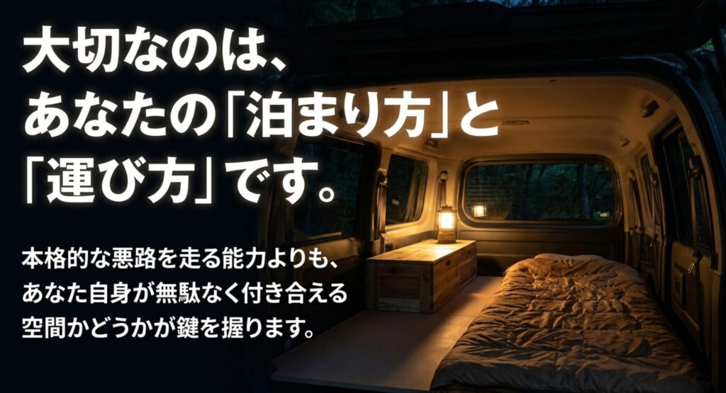 車中泊仕様の車内を背景に、悪路性能よりも泊まり方と荷物の運び方に合う空間が重要だと説明するスライド