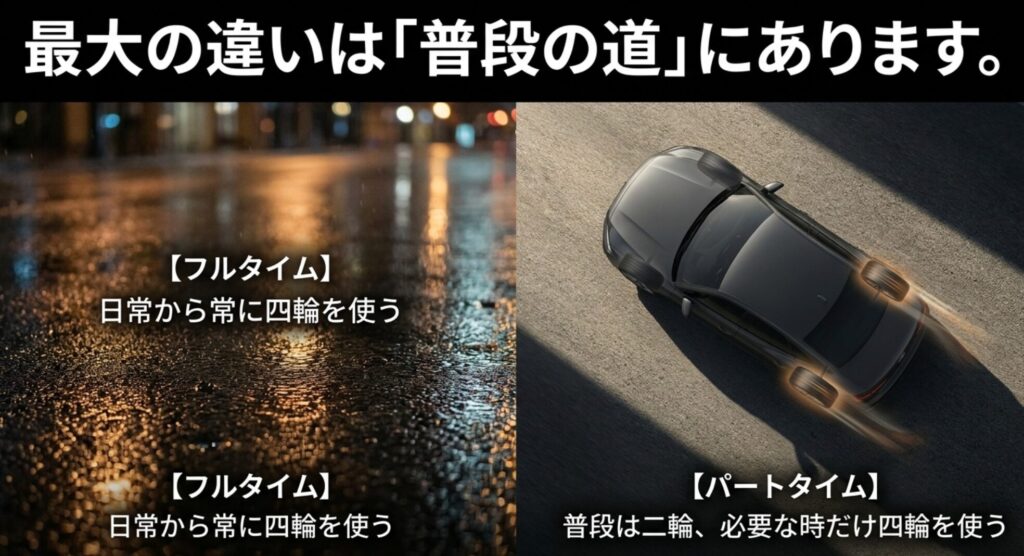 フルタイム4WDは日常から四輪を使い、パートタイム4WDは普段は二輪で必要な時だけ四輪を使うことを示した比較スライド
