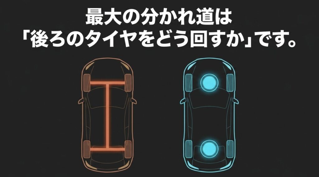 車両上面図で、後輪を機械的に駆動する方式とモーターで駆動する方式の違いを示すスライド。