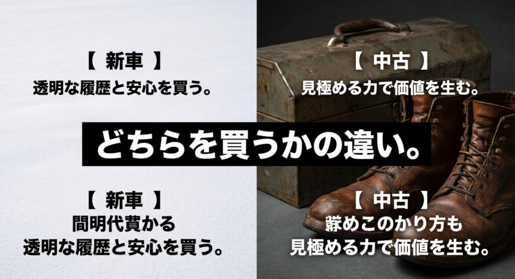新車4WDは透明な履歴と安心を買い、中古4WDは見極める力で価値を生むという違いを比較したスライド