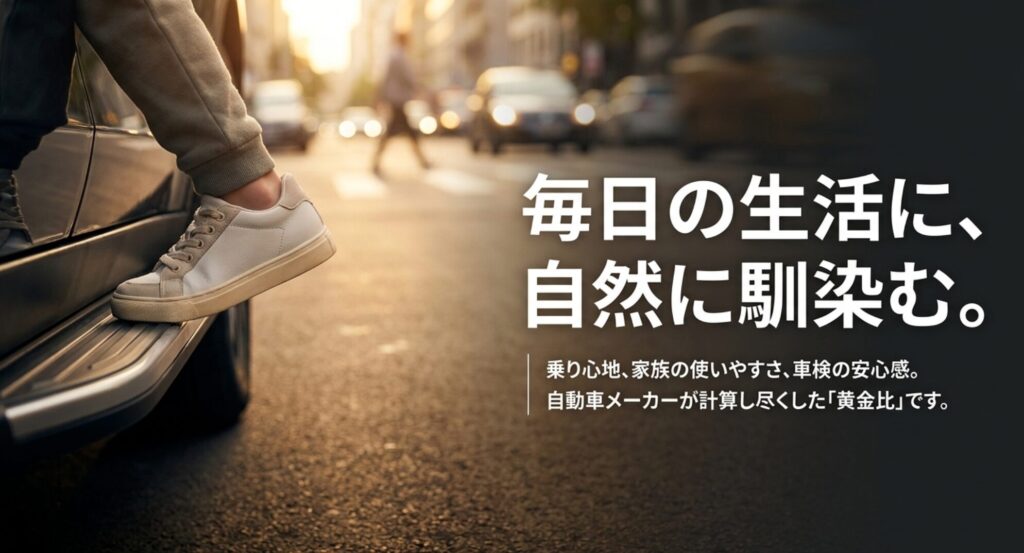 街中で車に乗り込む場面を背景に、ノーマル車高の乗り心地、家族の使いやすさ、車検面の安心感を表したスライド