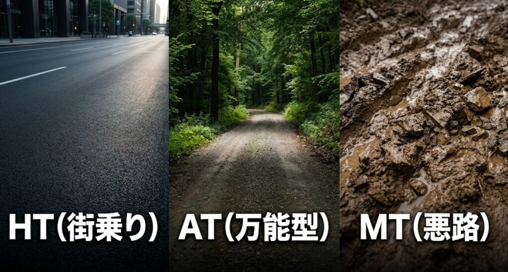 HTは街乗り、ATは万能型、MTは悪路向きという4WDタイヤの違いを3分割で比較した画像
