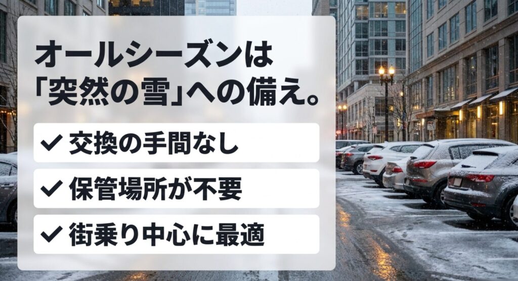 街中の雪景色を背景に、交換の手間なし、保管場所不要、街乗り中心に最適と示す画像
