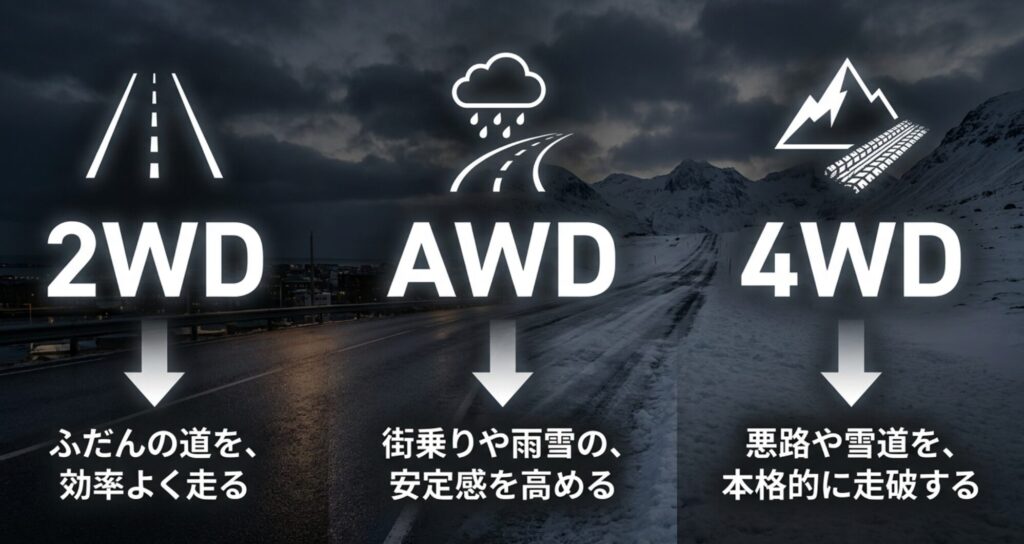 2WDは普段の道、AWDは街乗りや雨雪の安定感、4WDは悪路や雪道の走破性に向くと比較した図解