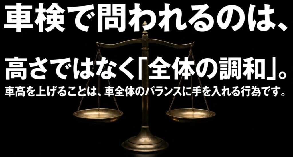 天秤のビジュアルとともに、リフトアップは車高だけでなく車全体のバランス調整が重要だと示すスライド。