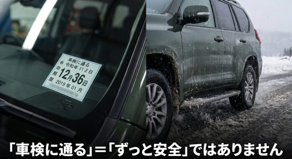 車検ステッカーと雪道を走るSUVを並べ、車検に通ることが継続的な安全を保証するものではないと伝えるスライド
