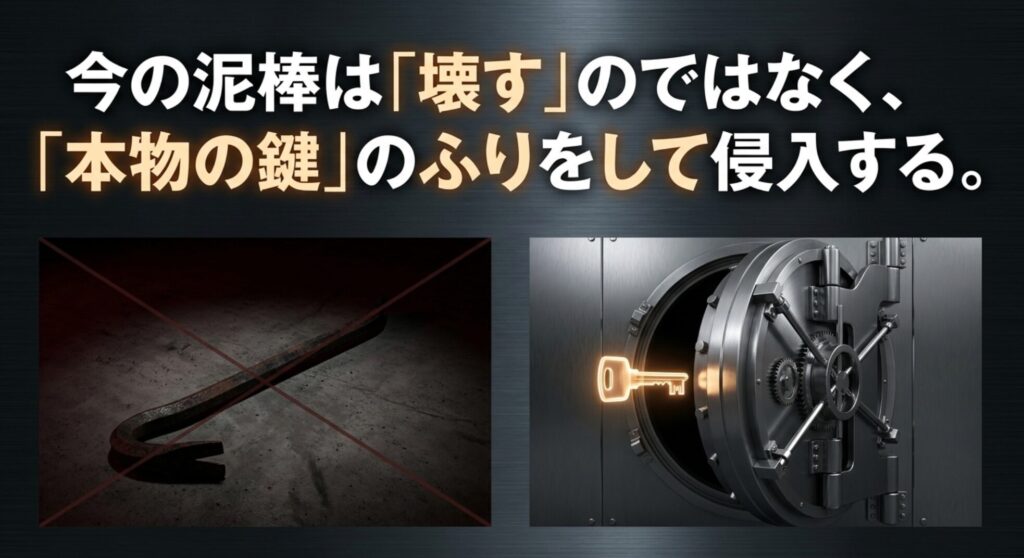 こじ開けではなく本物の鍵のように見せかけて車両へ侵入する最新盗難手口を説明するスライド