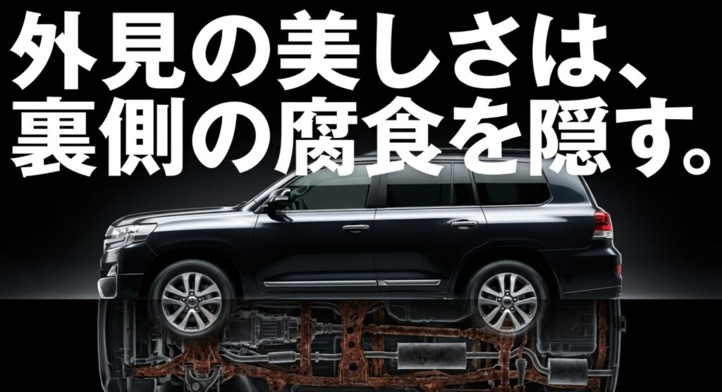 きれいな外装の4WDと錆びた下回りを対比し、外見だけでは車両状態を判断できないことを示す画像