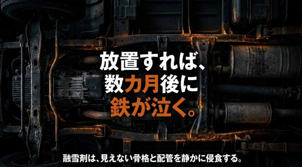 4WDの下回りにサビが広がる様子と、融雪剤が見えない骨格や配管を侵食することを示すスライド