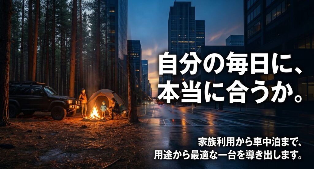 キャンプや街乗りの場面を対比し、家族利用から車中泊まで用途に合う4WD選びを示したスライド