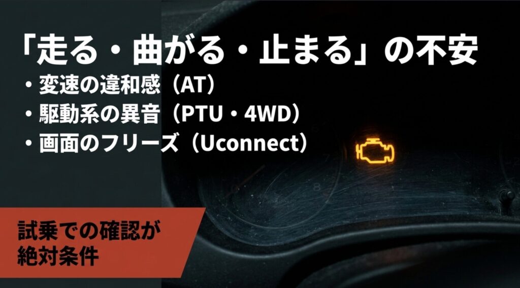 ジープチェロキーで注意したいATの違和感、PTUや4WDの異音、Uconnectの不具合を示すスライド