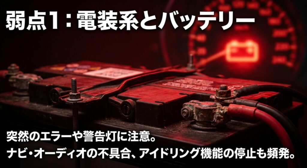 ジープコンパスの電装系やバッテリー不具合、警告灯への注意点を示すスライド