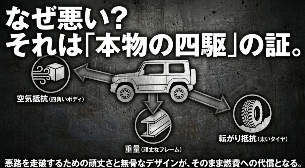 Jeepラングラーの燃費が悪くなる空気抵抗、重量、転がり抵抗などの構造的要因を示したスライド