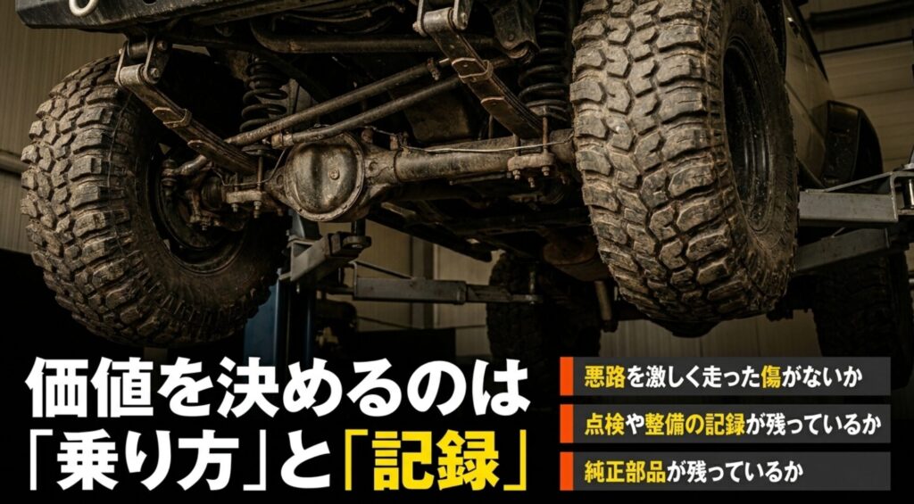 ラングラーの査定価値を左右する乗り方、整備記録、純正部品の重要性を示すスライド