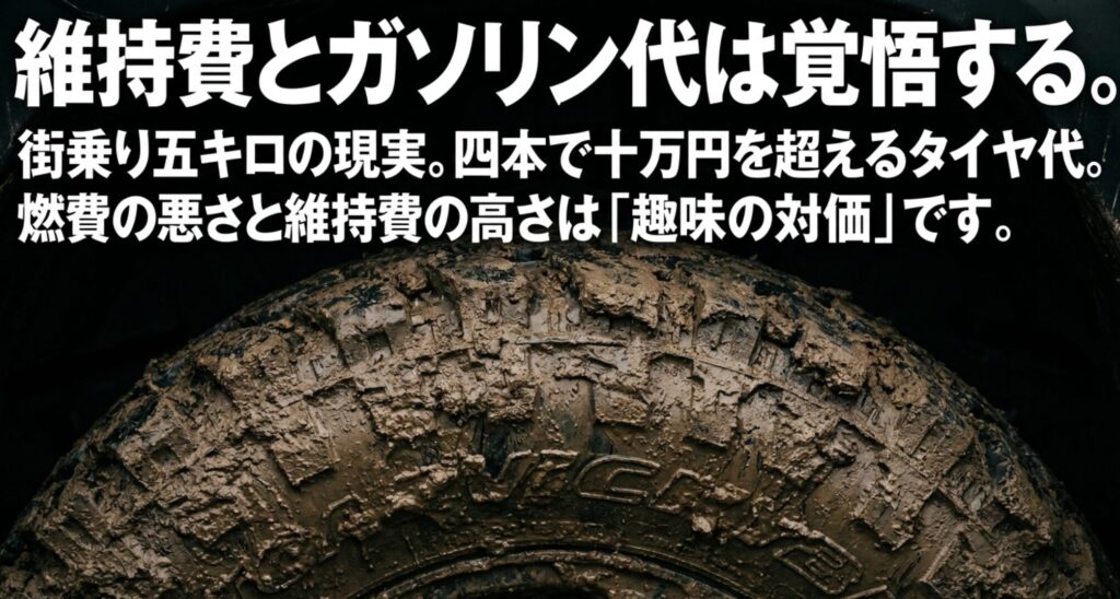 ジープの街乗り燃費や高額なタイヤ代など維持費の負担をまとめたスライド