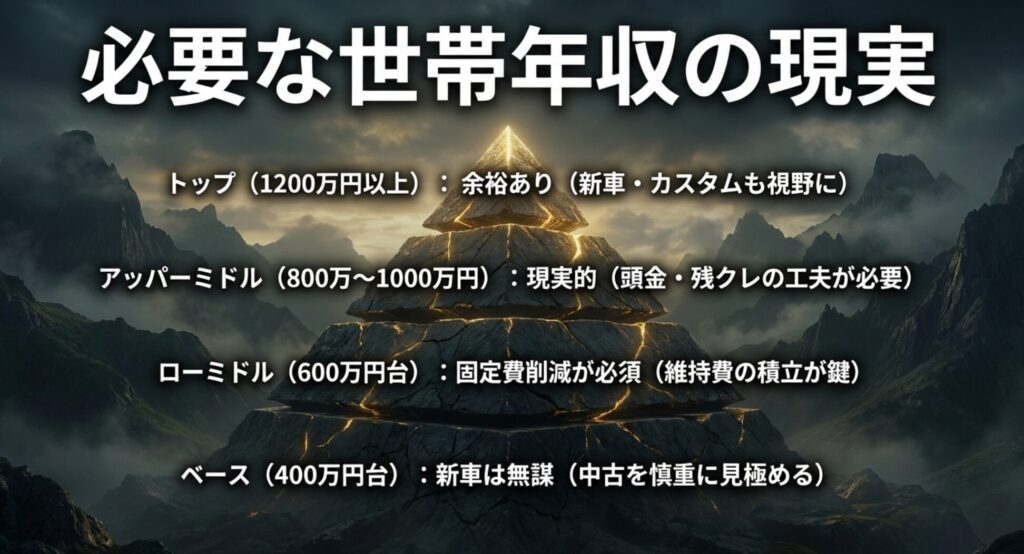 ジープラングラー購入に必要な世帯年収を1200万円以上から400万円台まで階層別に示すスライド