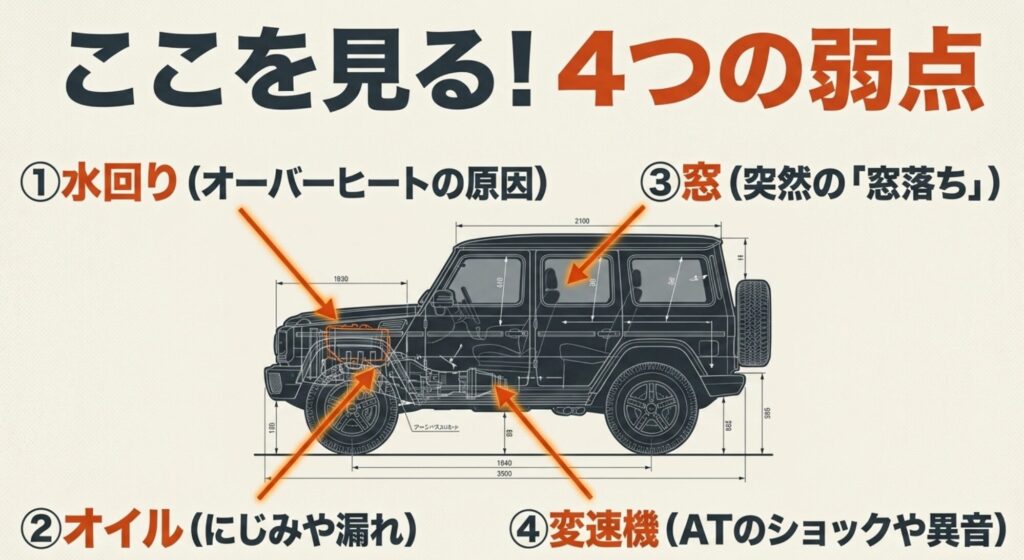 ジープチェロキーで注意したい水回り、オイル漏れ、窓落ち、変速機の4つの弱点を示した解説画像