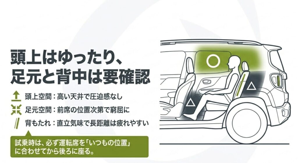 ジープレネゲード後部座席の頭上空間、足元空間、背もたれ角度の注意点を示した図