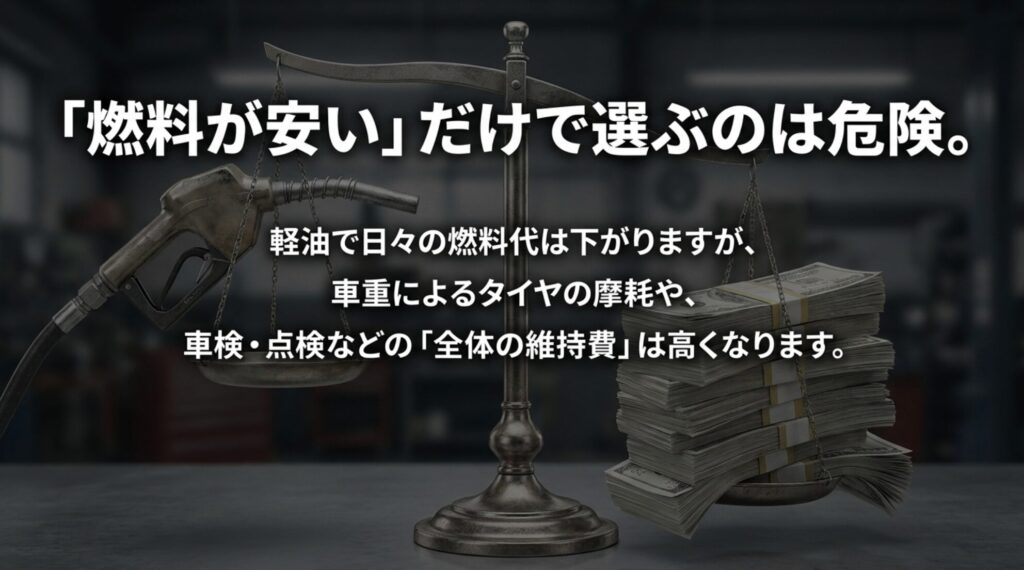 軽油で燃料代は下がる一方でタイヤ摩耗や車検点検など全体の維持費は高くなることを示すスライド