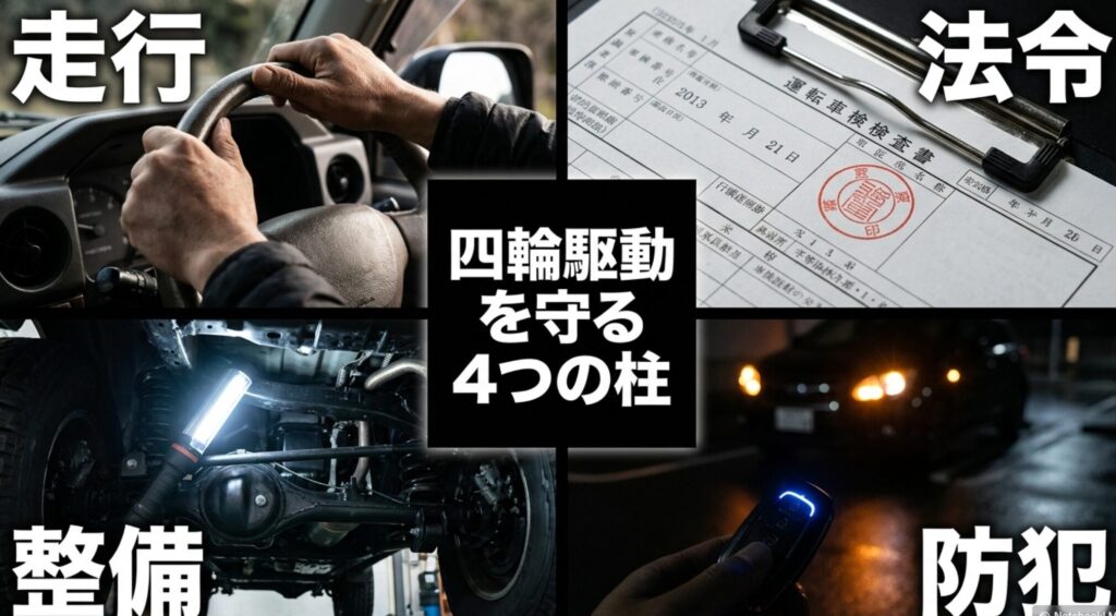 走行、法令、整備、防犯の4要素を並べ、4WDを安全に使うための基本を整理したスライド。