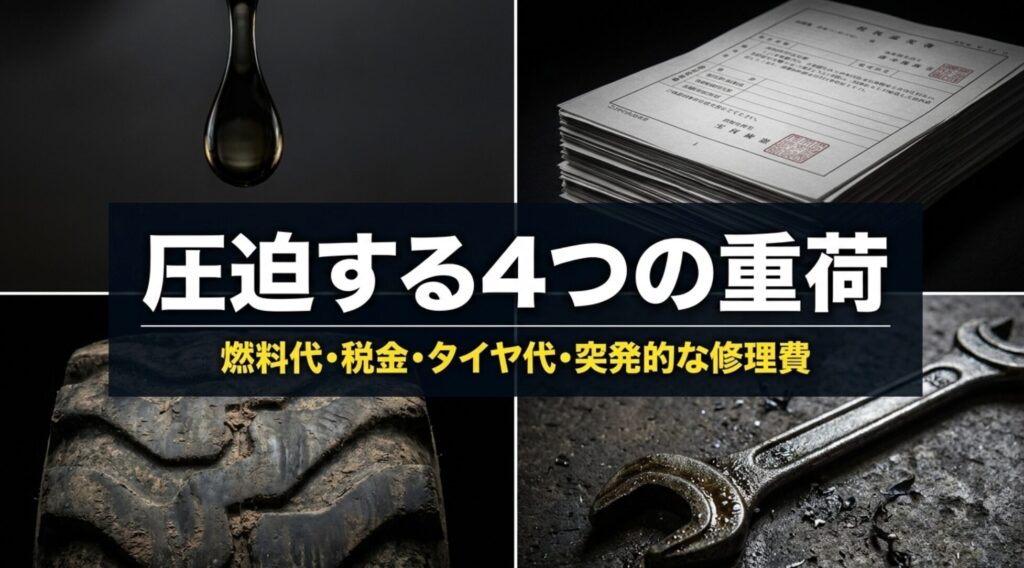 燃料代、税金、タイヤ代、突発的な修理費がラングラーの維持費を圧迫することを示すスライド
