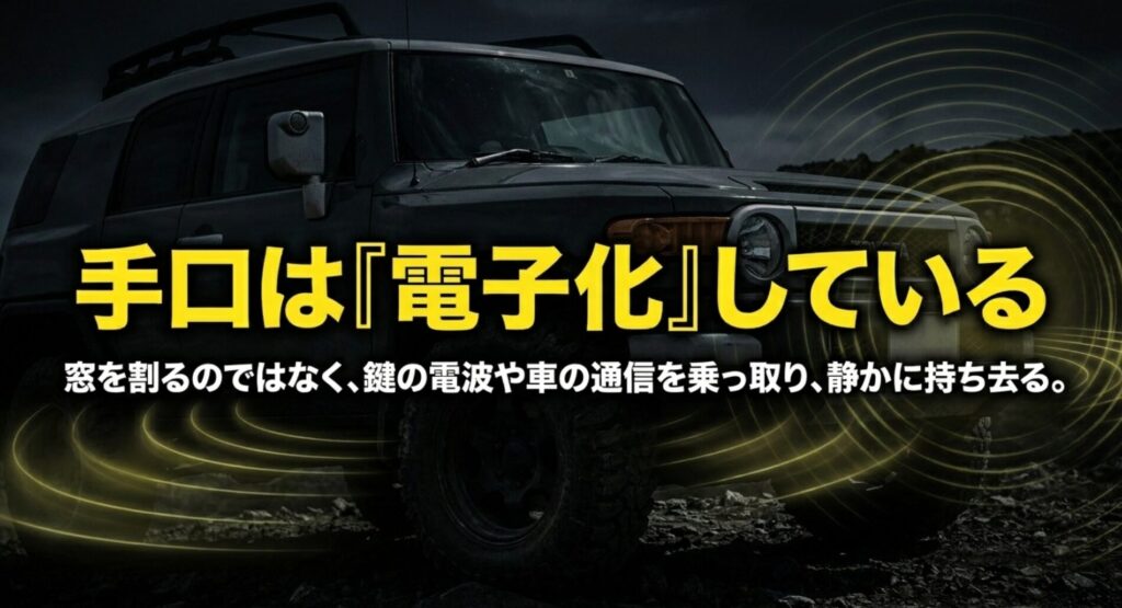 リレーアタックやCANインベーダーなど電子化した車両盗難手口を説明するスライド