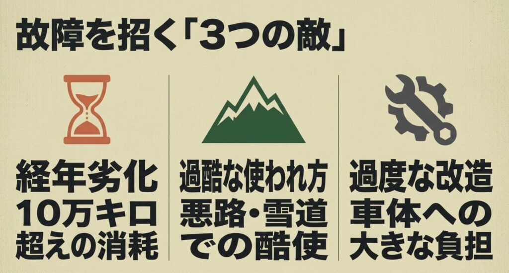 経年劣化、過酷な使われ方、過度な改造がFJクルーザーの故障リスクを高めることを示したスライド