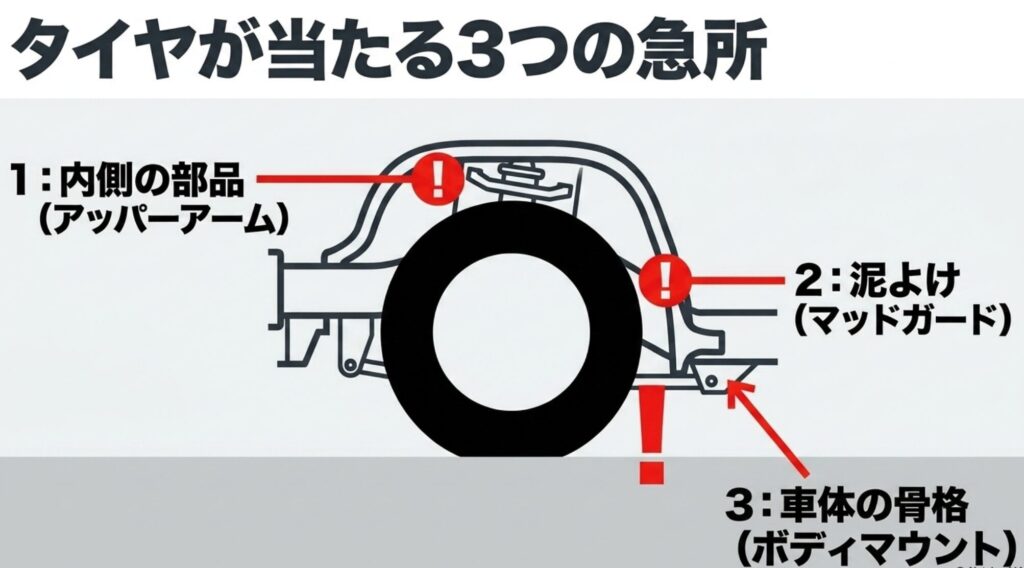 FJクルーザーで285サイズタイヤが当たりやすいUCA、マッドガード、ボディマウントの位置を示す図