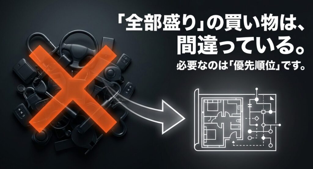 多数の防犯グッズをまとめて導入するのではなく、守りの設計図に基づいて優先順位を決める重要性を示すスライド