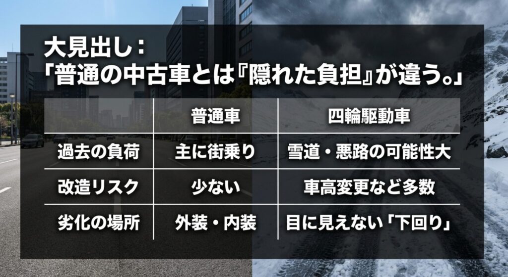 普通の中古車と中古4WDを比較し、過去の負荷、改造リスク、劣化箇所の違いを整理した表
