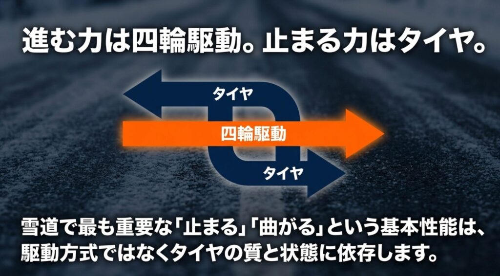 雪道では進む力は四輪駆動、止まる力と曲がる力はタイヤの質と状態に依存することを示した図解
